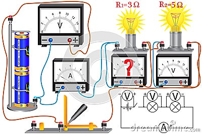 The physical task for studying the topic of Ohm`s laws for an electrical circuit Vector Illustration